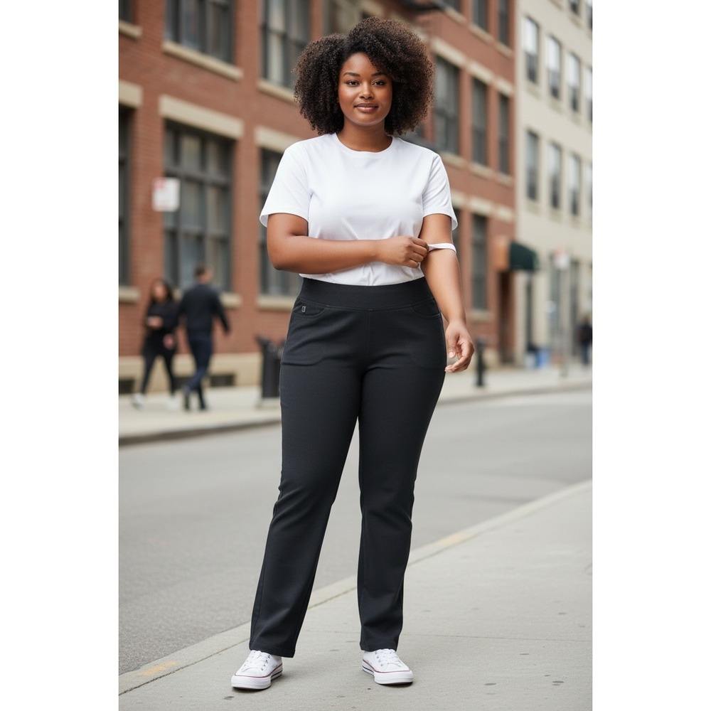 (J-125) Belle by Kim Gravel Flexibelle Straight Leg Pants Black Petite 8P NWT